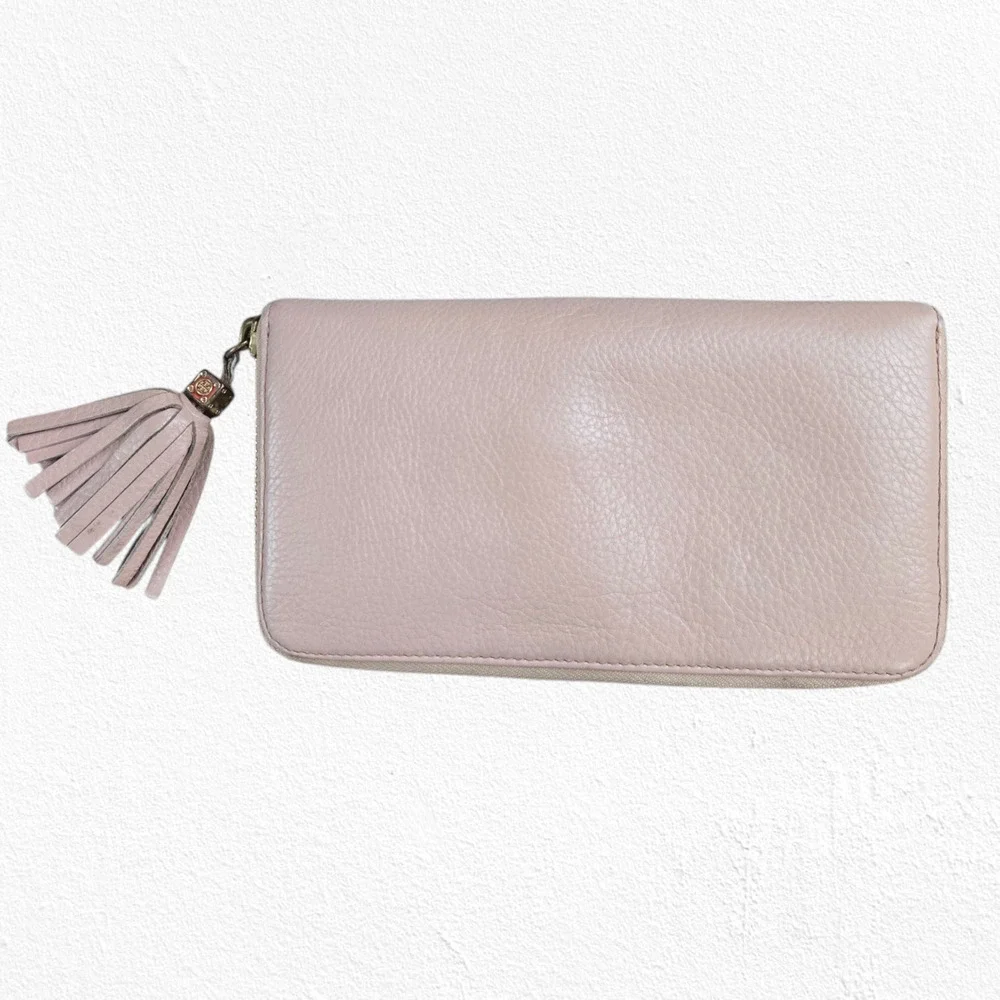 Tory Burch Amanda Blush Pink Pebbled Leather Zip Tassel Continental Wallet